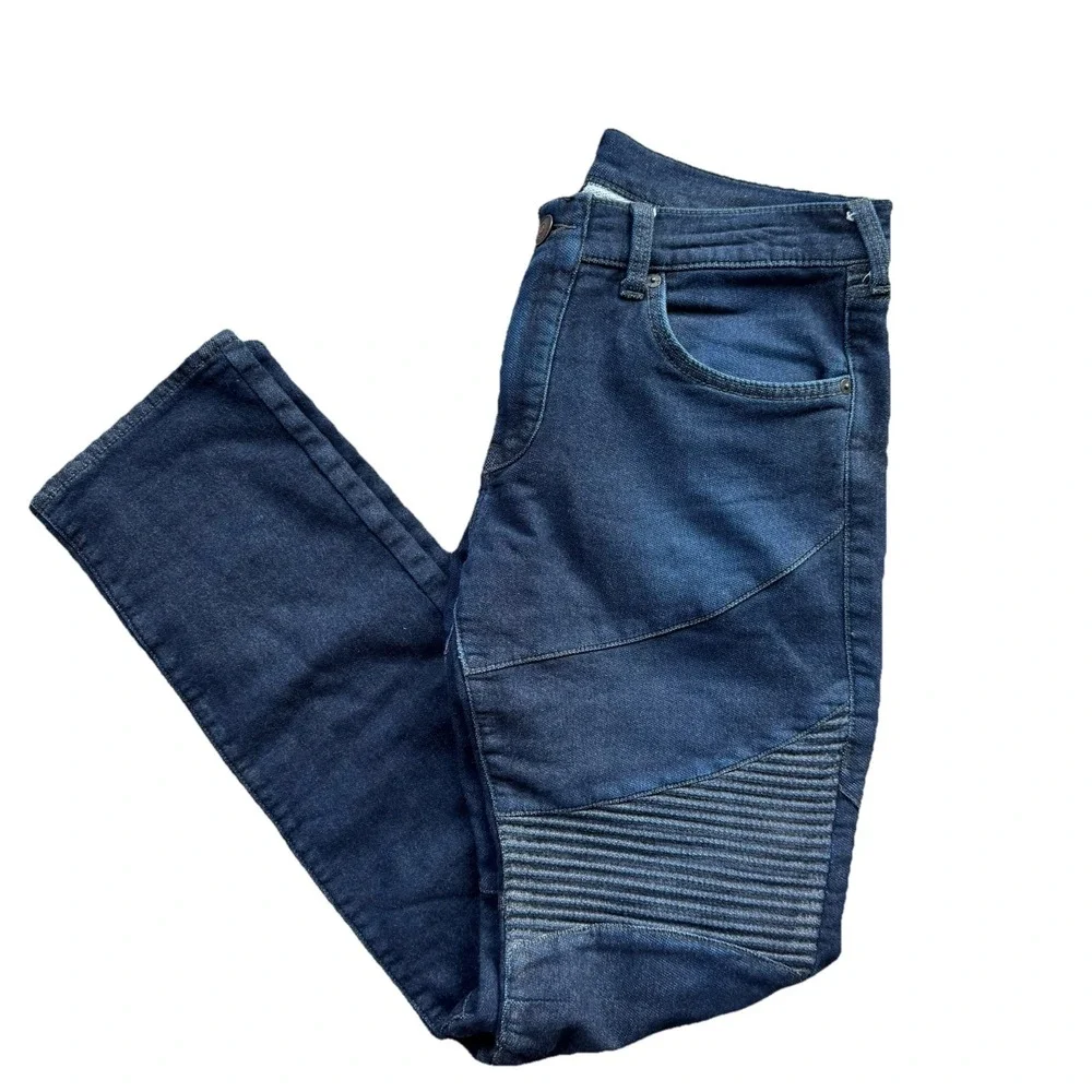 True Religion Jeans Blue Rocco Moto Relaxed Skinny Run Stitch Knee Stretch Sz 32